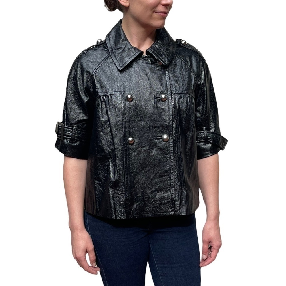 INC INTERNATIONAL CONCEPTS HIGH SHINE LEATHER HALF SLEEVE DOUBLE BREASTED COAT - Picture 1 of 11